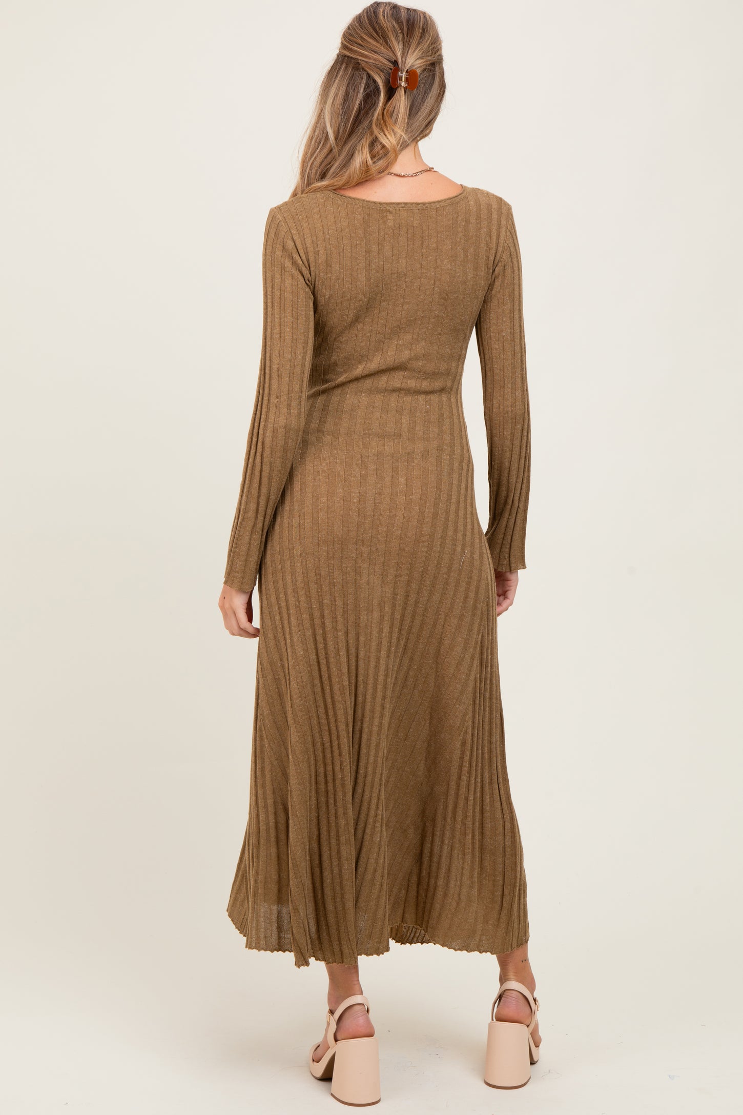 Mocha Ribbed Long Sleeve Maternity Maxi Dress