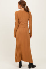 Camel Ribbed Wait Tie Midi Dress