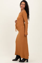 Camel Ribbed Wait Tie Maternity Midi Dress