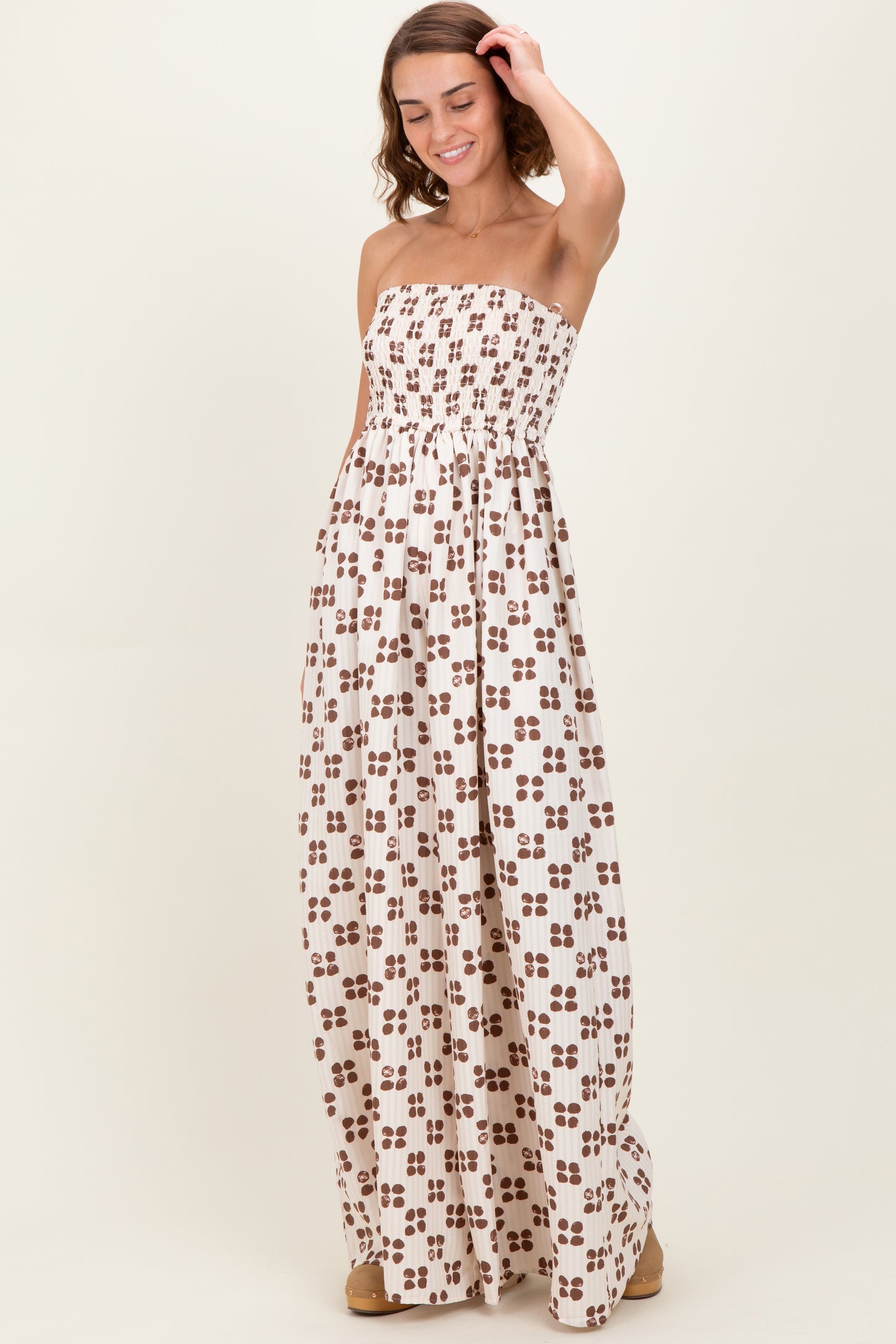 Brown Printed Smocked Wide Leg Jumpsuit