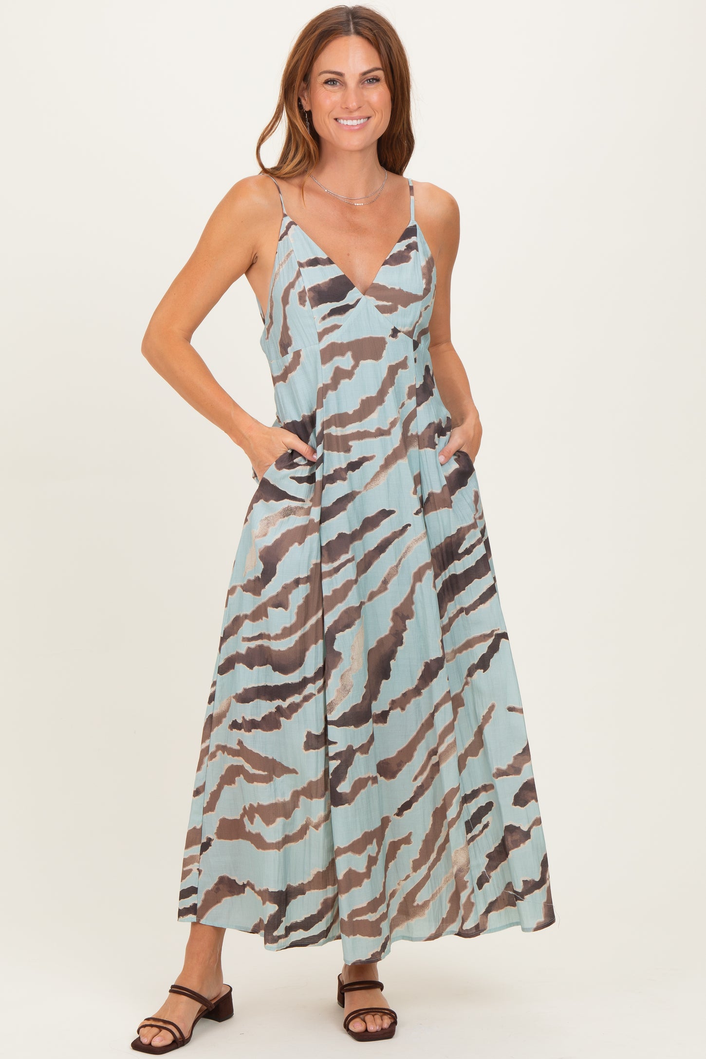 Light Blue Printed Open Tie Back Maxi Dress