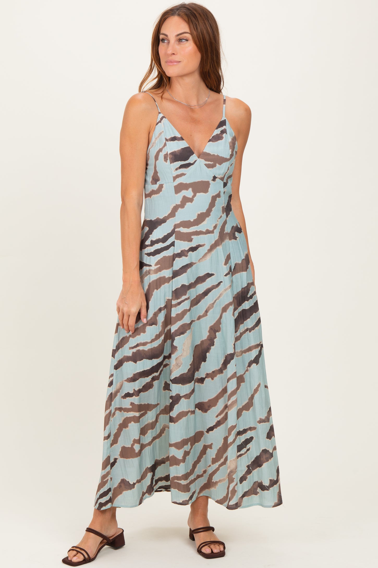 Light Blue Printed Open Tie Back Maternity Maxi Dress