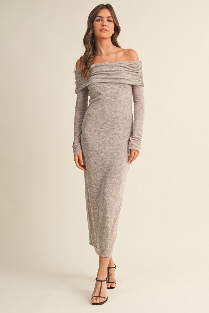 Mocha Heather Off Shoulder Long Sleeve Maternity Maxi Dress