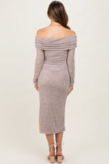 Mocha Heather Off Shoulder Long Sleeve Maternity Maxi Dress