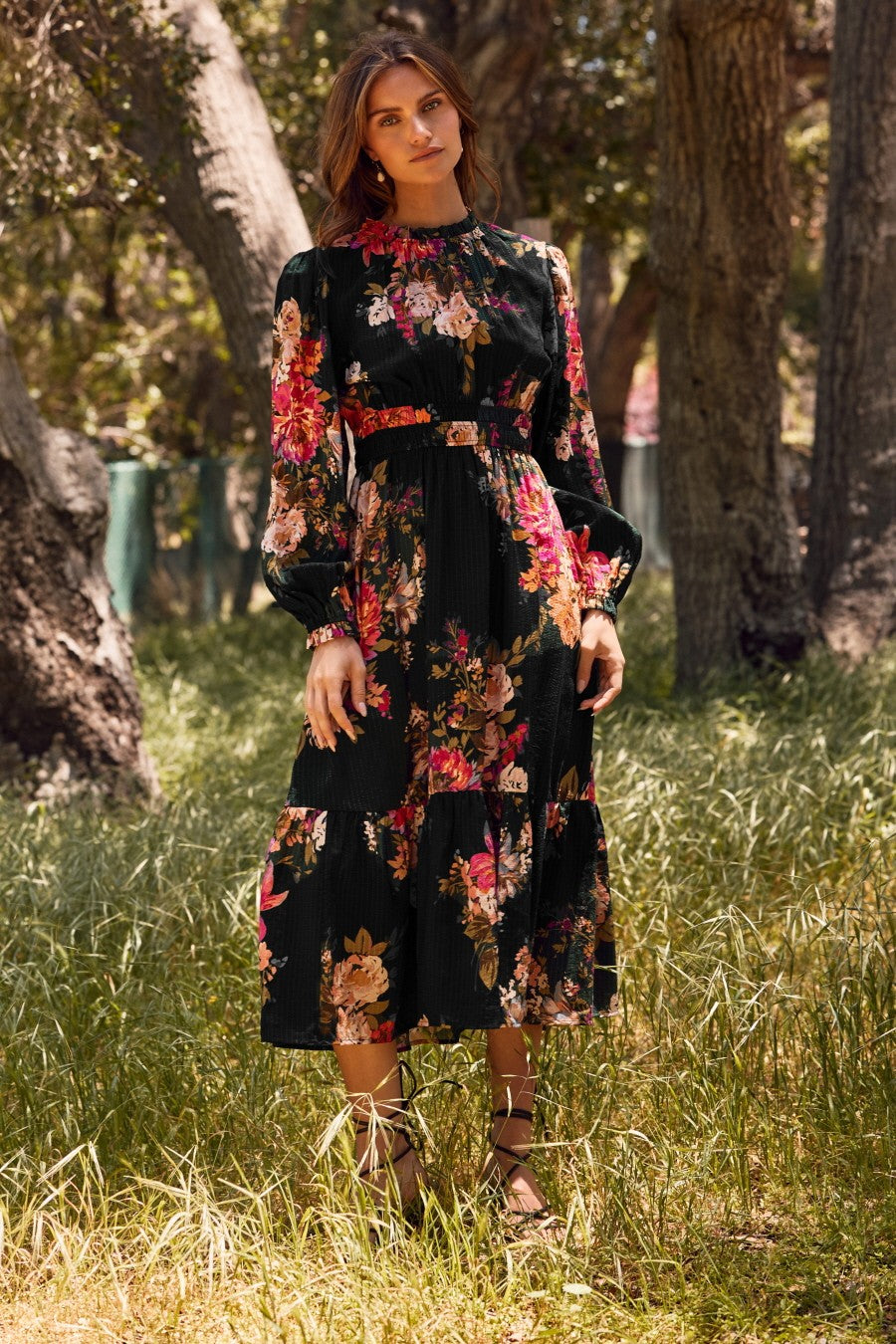 Black Floral Long Sleeve Maternity Midi Dress
