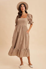 Mocha Gingham Square Neck Midi Dress