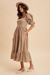 Mocha Gingham Square Neck Midi Dress