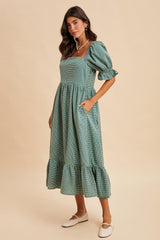 Teal Gingham Square Neck Midi Dress