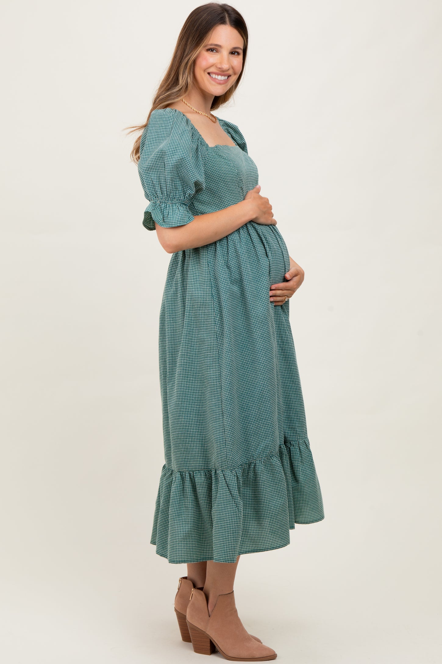 Teal Gingham Square Neck Maternity Midi Dress