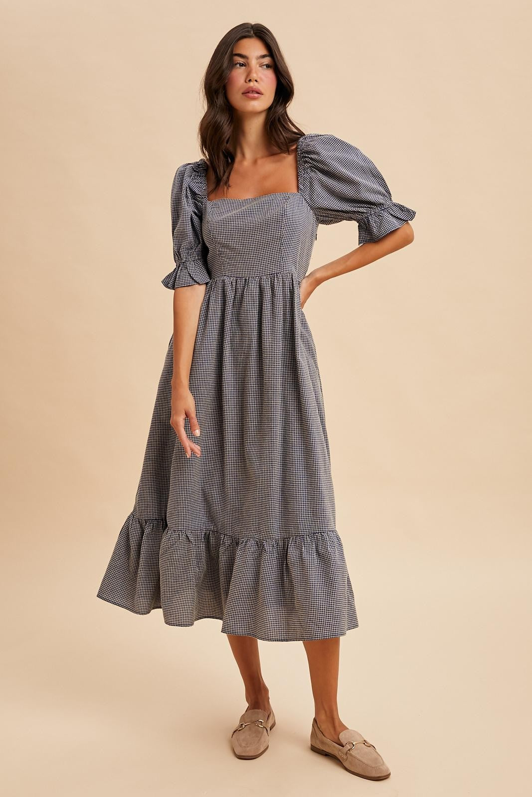 Navy Gingham Square Neck Midi Dress