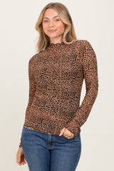 Mocha Animal Print Mesh Ruffle Neck Top