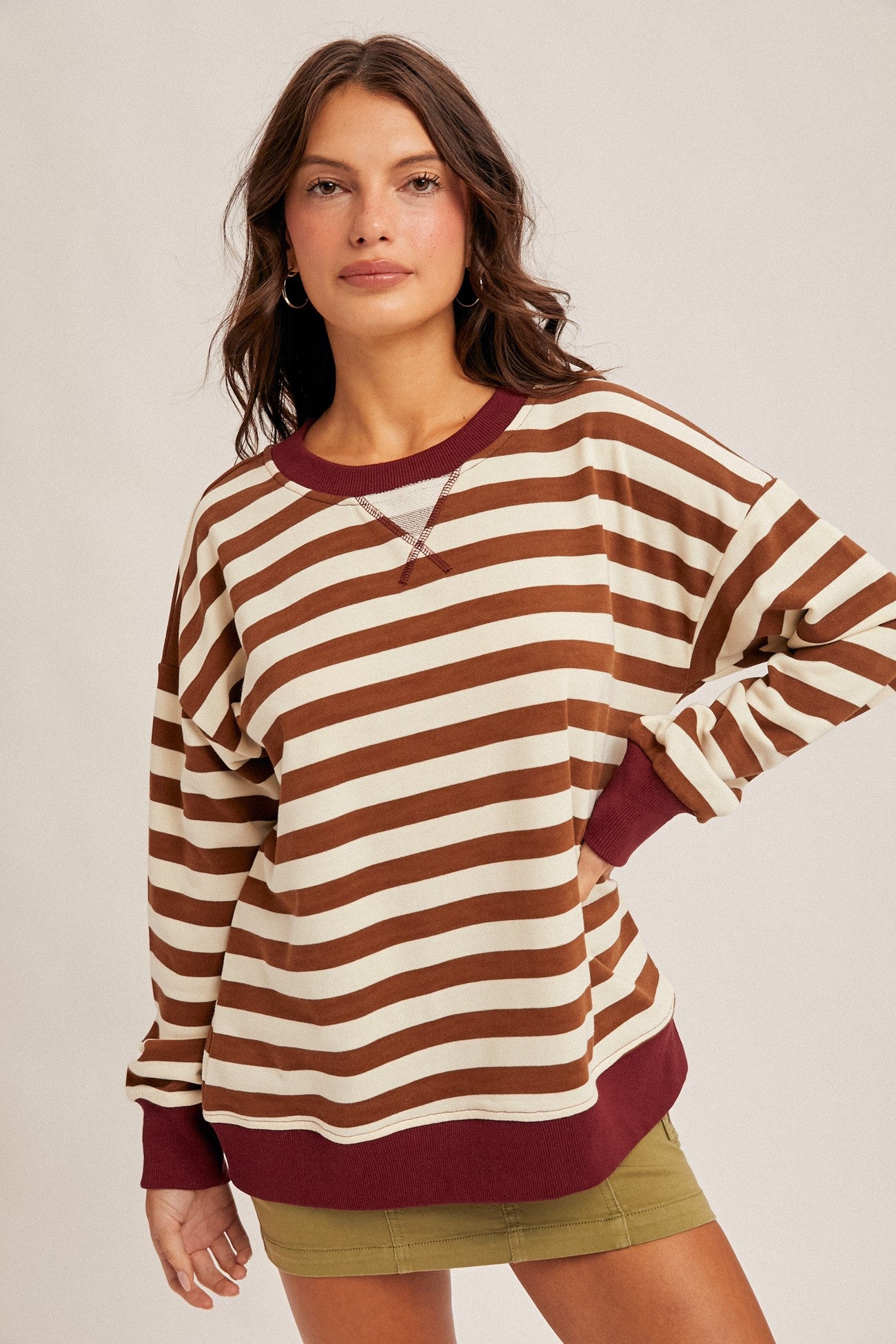 Brown Contrast Stripe Oversized Maternity Sweatshirt