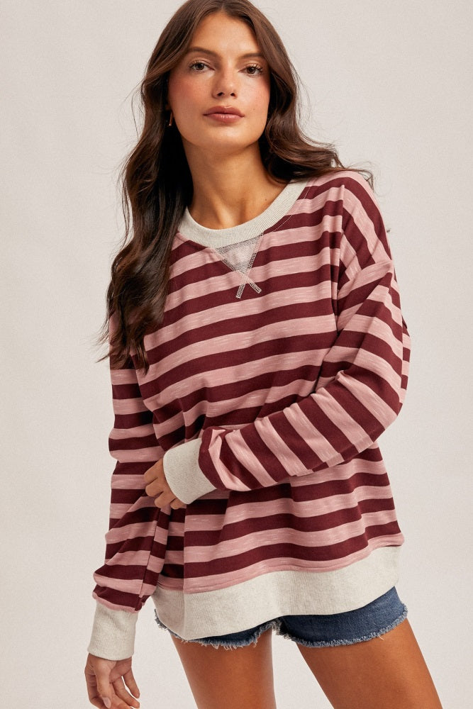 Burgundy Contrast Stripe Oversized Sweatshirt