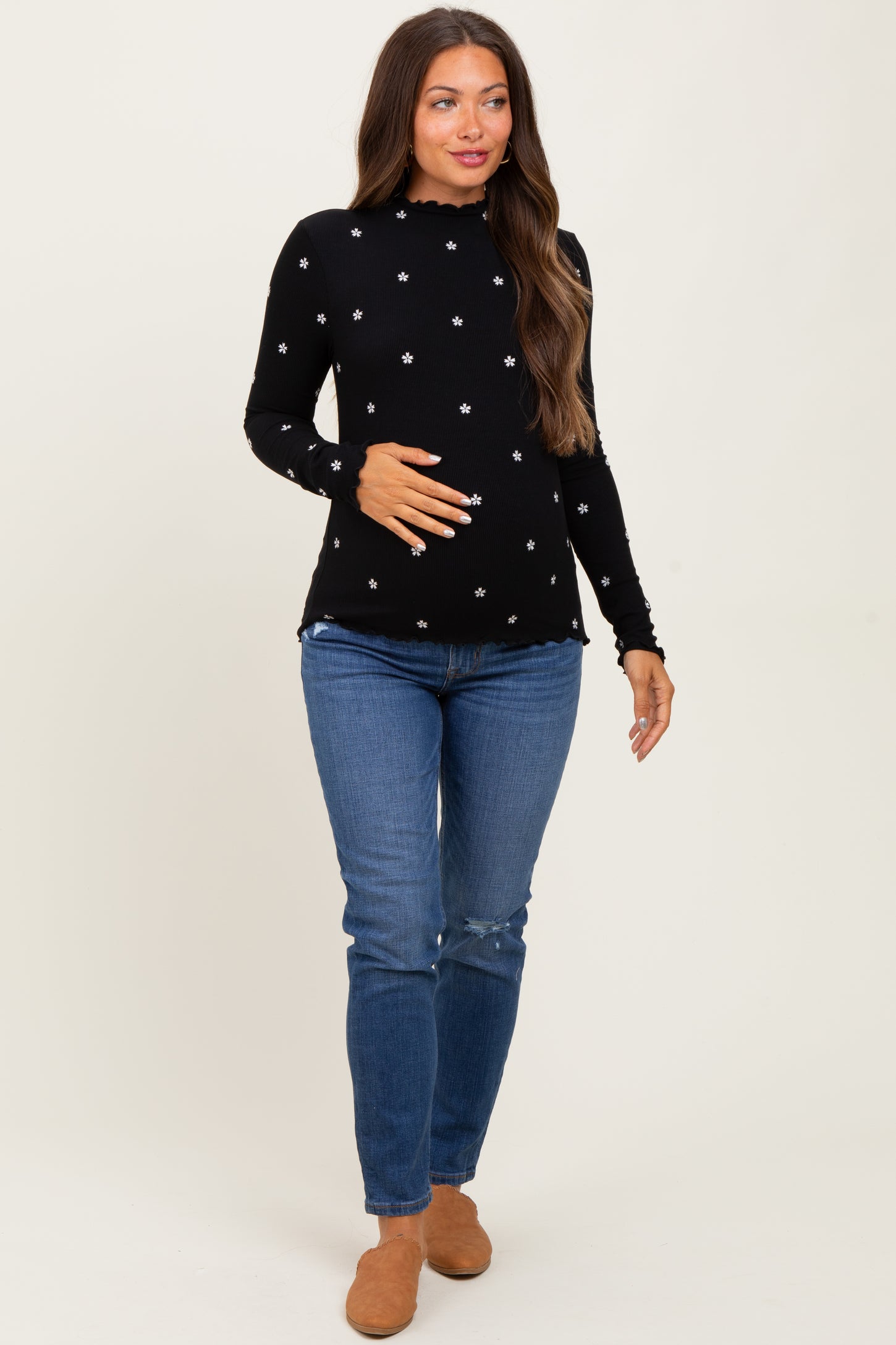 Black Knit Embroidered Floral Ruffle Hem Maternity Top