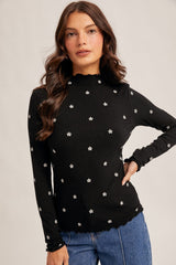 Black Knit Embroidered Floral Ruffle Hem Top
