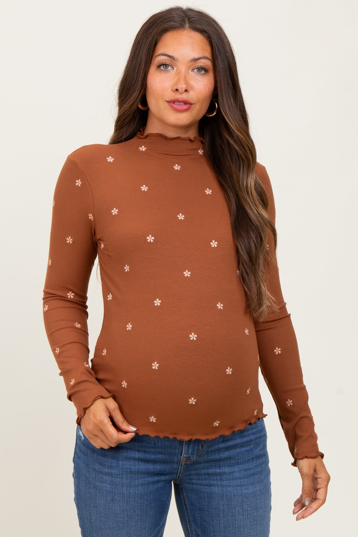 Dark Camel Knit Embroidered Floral Ruffle Hem Maternity Top