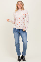 Ecru Knit Embroidered Floral Ruffle Hem Top