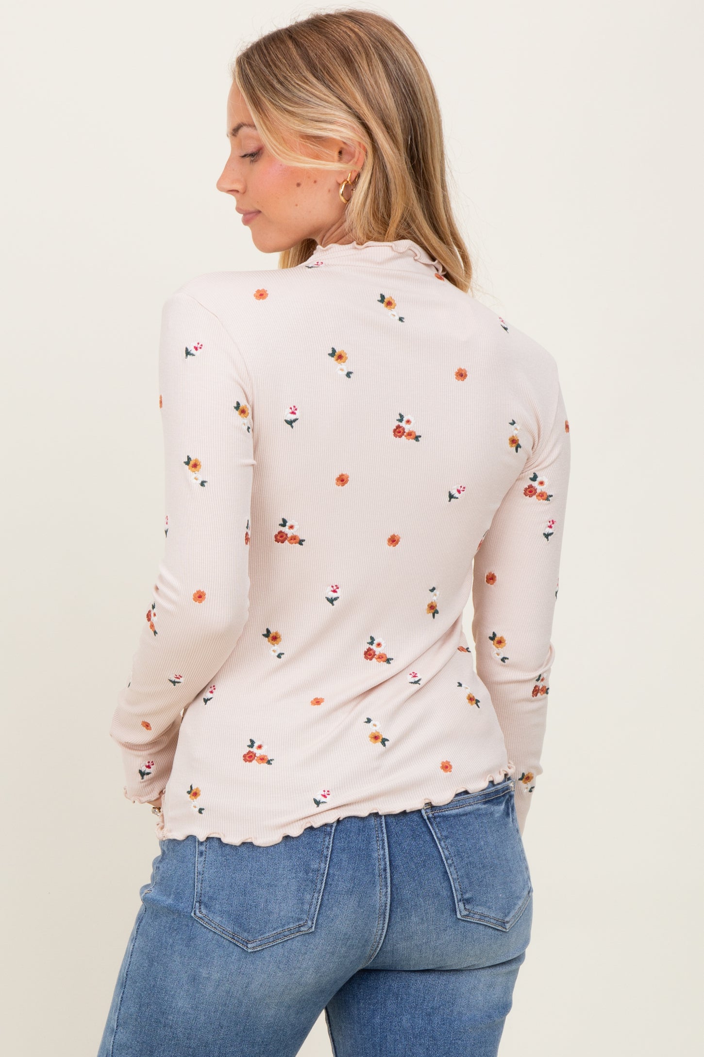 Ecru Knit Embroidered Floral Ruffle Hem Top