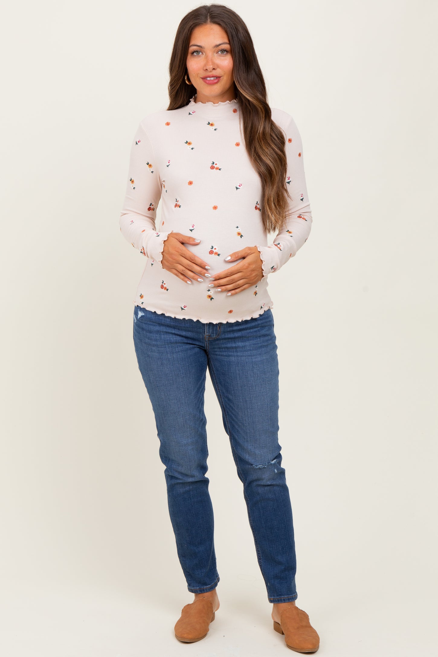 Ecru Knit Embroidered Floral Ruffle Hem Maternity Top
