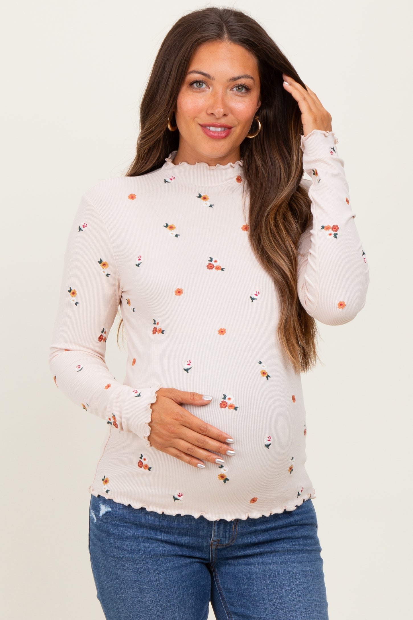 Ecru Knit Embroidered Floral Ruffle Hem Maternity Top