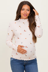 Ecru Knit Embroidered Floral Ruffle Hem Maternity Top