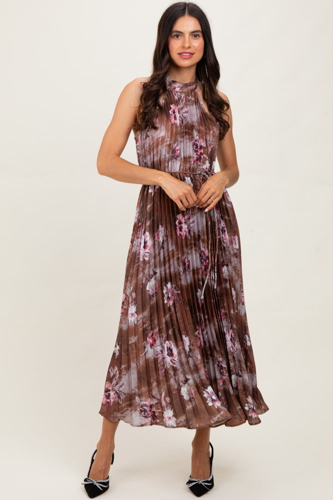 Brown Floral Pleated Halter Midi Dress