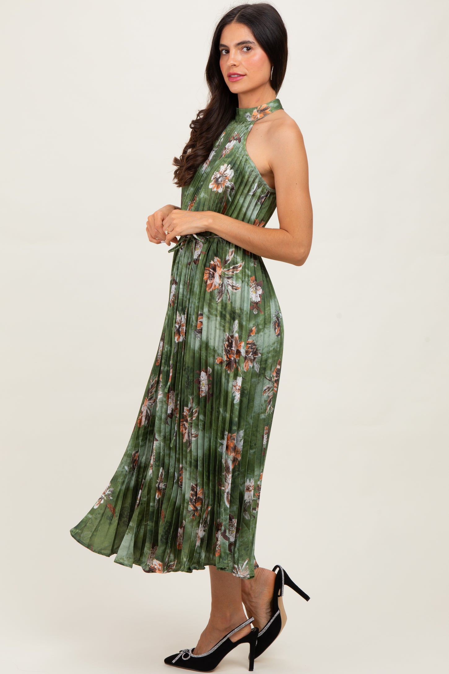 Olive Floral Pleated Halter Midi Dress