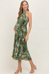 Olive Floral Pleated Halter Maternity Midi Dress