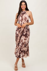 Brown Floral Pleated Halter Midi Dress