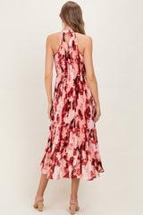 Red Floral Pleated Halter Maternity Midi Dress