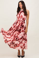 Red Floral Pleated Halter Midi Dress