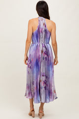 Lavender Floral Pleated Halter Midi Dress