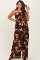 Brown Floral Smocked Maternity Jumpsuit