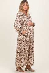 Cream Floral Smocked Waist Long Sleeve Maternity Midi Dress
