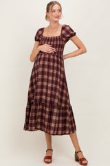 Burgundy Plaid Smocked Puff Sleeve Maternity Midi Dress