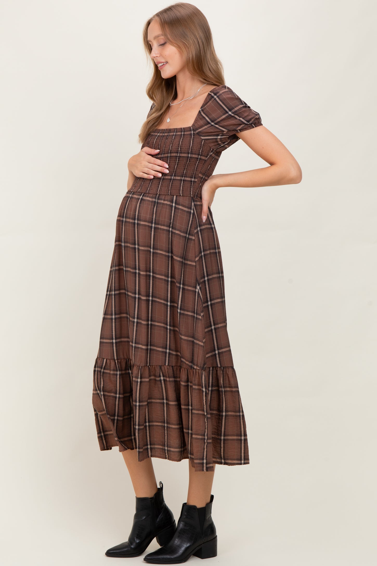 Brown Plaid Smocked Puff Sleeve Maternity Midi Dress