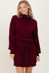 Burgundy Turtleneck Belted Mini Sweater Dress