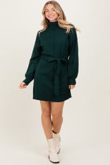 Forest Green Turtleneck Belted Mini Sweater Dress