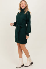 Forest Green Turtleneck Belted Mini Sweater Dress