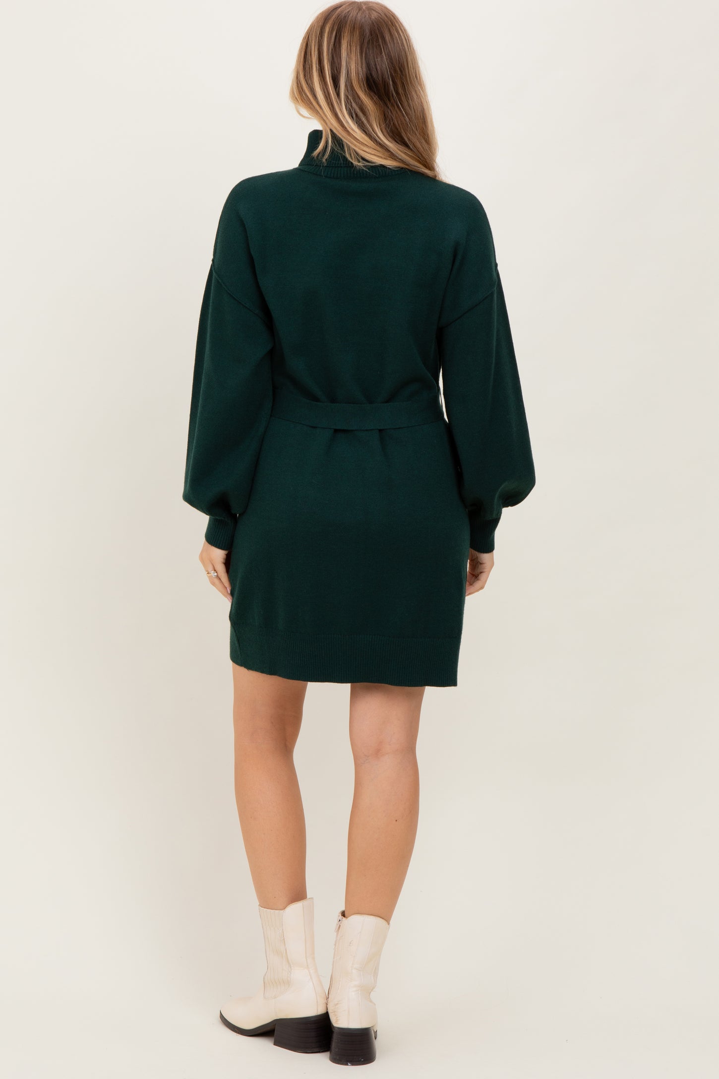 Forest Green Turtleneck Belted Mini Sweater Dress