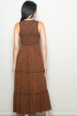 Brown Animal Print Sleeveless Smocked Tiered Maxi Dress