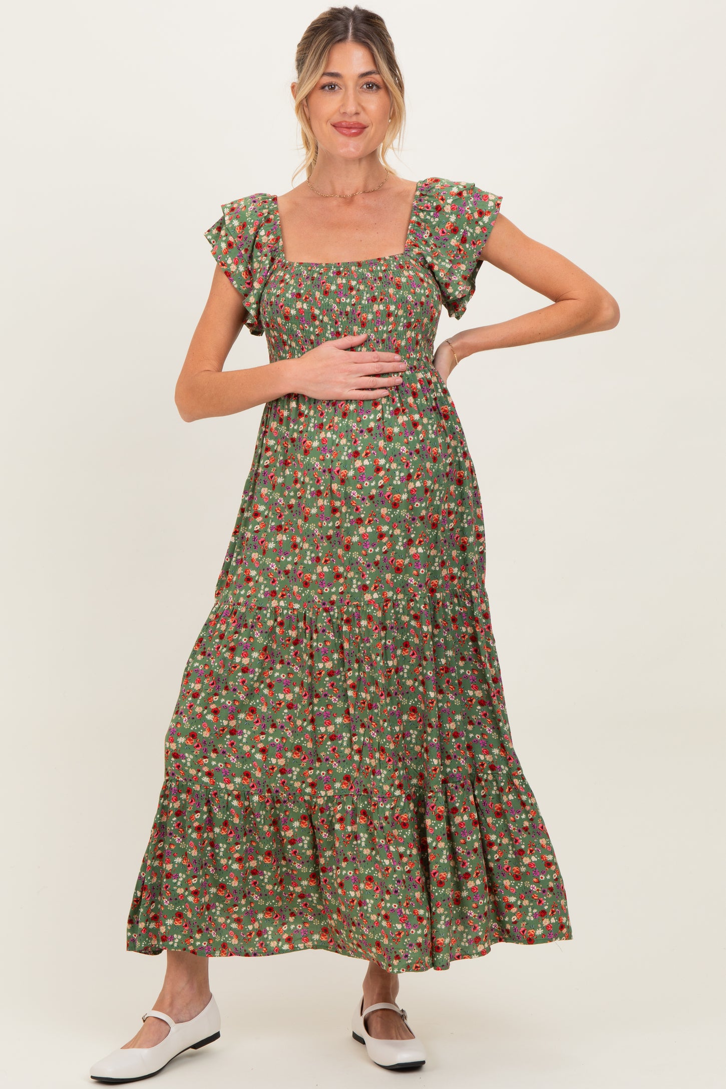 Olive Floral Off Shoulder Smocked Maternity Maxi Dress
