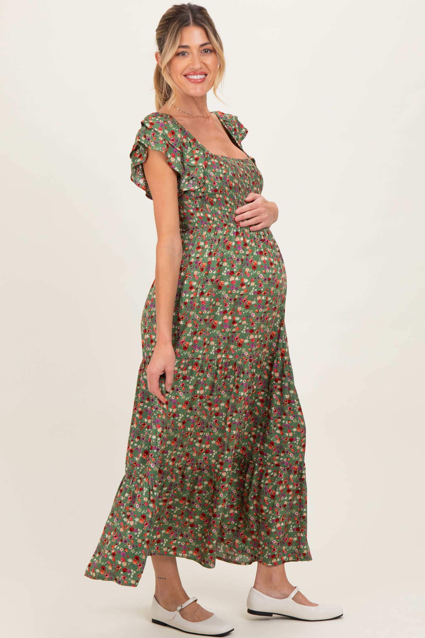 Olive Floral Off Shoulder Smocked Maternity Maxi Dress