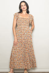 Camel Floral Off Shoulder Smocked Maternity Maxi Dress