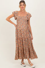 Camel Floral Off Shoulder Smocked Maternity Maxi Dress