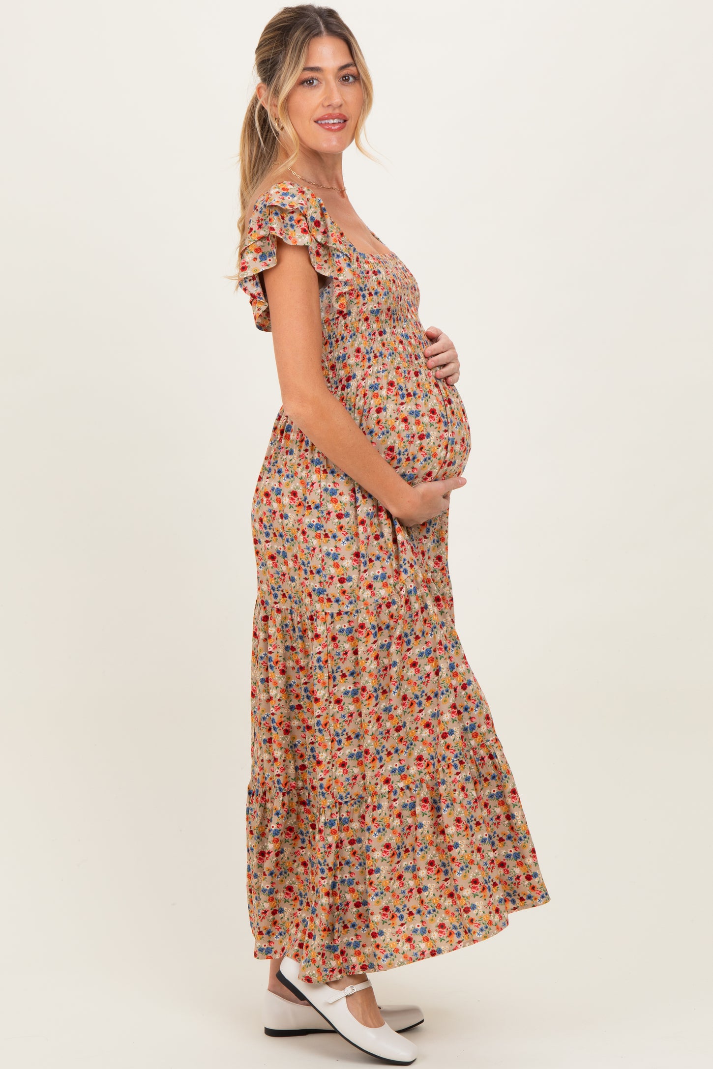Camel Floral Off Shoulder Smocked Maternity Maxi Dress