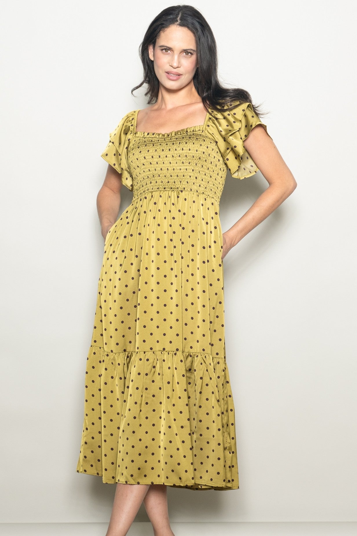 Light Olive Polka Dot Satin Smocked Flutter Sleeve Maternity Dress