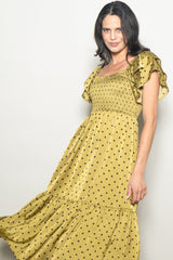 Light Olive Polka Dot Satin Smocked Flutter Sleeve Dress