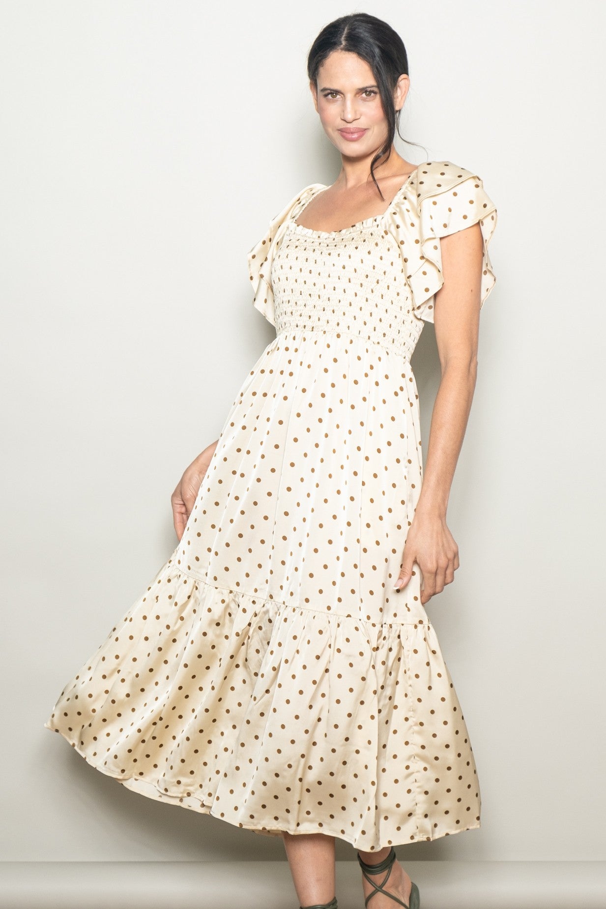 Cream Polka Dot Satin Smocked Flutter Sleeve Dress