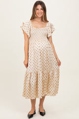Cream Polka Dot Satin Smocked Flutter Sleeve Maternity Dress